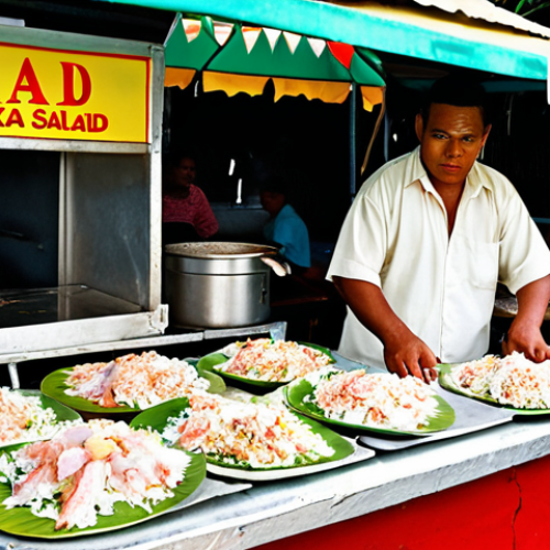 Home 4 A vibrant street food stall in Tonga, overflowing with Oka I'a (raw fish salad) in coconut cream, served in generous portions. Capture the fresh ingredients, colorful presentation, and the warmth of the Tongan vendor.