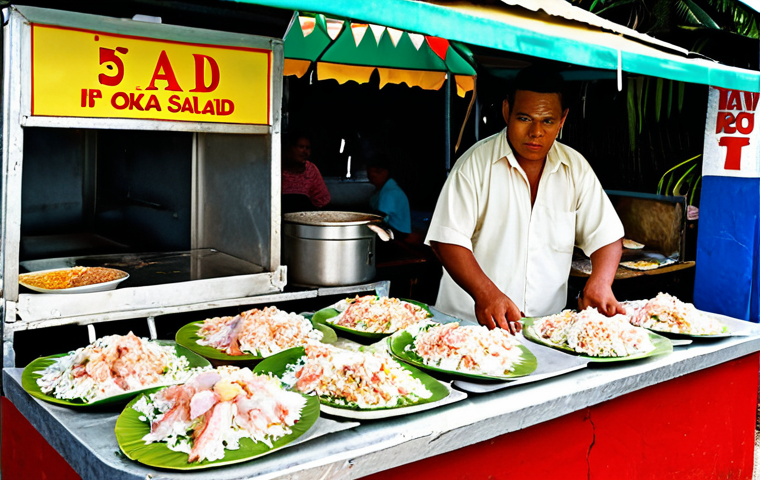 A vibrant street food stall in Tonga, overflowing with Oka I'a (raw fish salad) in coconut cream, served in generous portions. Capture the fresh ingredients, colorful presentation, and the warmth of the Tongan vendor.