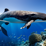 A breathtaking underwater scene showcasing a vibrant, pristine coral reef ecosystem within a designated marine protected area. Schools of diverse, colorful fish swim amongst the healthy, intricate corals and sea anemones. A majestic, perfectly formed humpback whale is seen gracefully swimming through the clear blue depths, embodying the thriving marine biodiversity and the success of conservation efforts. The scene is serene, hopeful, and reflects a perfectly preserved natural environment, highlighting the ocean as a cradle of life. perfect anatomy, correct proportions, natural pose, well-formed features, natural body proportions, safe for work, appropriate content, fully clothed, family-friendly, professional photography, high quality.