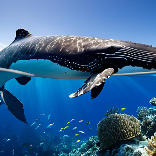 Home 27 A breathtaking underwater scene showcasing a vibrant, pristine coral reef ecosystem within a designated marine protected area. Schools of diverse, colorful fish swim amongst the healthy, intricate corals and sea anemones. A majestic, perfectly formed humpback whale is seen gracefully swimming through the clear blue depths, embodying the thriving marine biodiversity and the success of conservation efforts. The scene is serene, hopeful, and reflects a perfectly preserved natural environment, highlighting the ocean as a cradle of life. perfect anatomy, correct proportions, natural pose, well-formed features, natural body proportions, safe for work, appropriate content, fully clothed, family-friendly, professional photography, high quality.