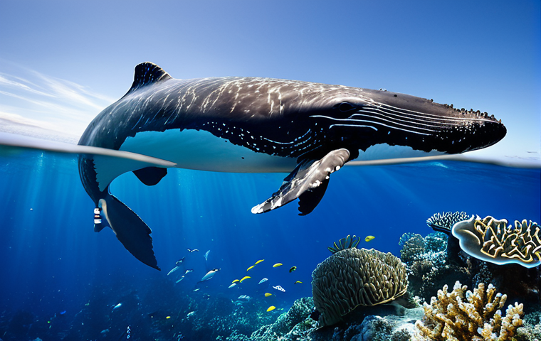 A breathtaking underwater scene showcasing a vibrant, pristine coral reef ecosystem within a designated marine protected area. Schools of diverse, colorful fish swim amongst the healthy, intricate corals and sea anemones. A majestic, perfectly formed humpback whale is seen gracefully swimming through the clear blue depths, embodying the thriving marine biodiversity and the success of conservation efforts. The scene is serene, hopeful, and reflects a perfectly preserved natural environment, highlighting the ocean as a cradle of life. perfect anatomy, correct proportions, natural pose, well-formed features, natural body proportions, safe for work, appropriate content, fully clothed, family-friendly, professional photography, high quality.