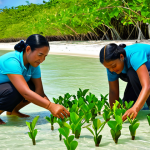Mangrove Restoration**

"Tongan villagers planting mangrove seedlings along a tropical coastline, fully clothed, appropriate attire, safe for work, community effort, clear turquoise water, lush green foliage, perfect anatomy, correct proportions, natural pose, realistic photography, bright sunny day, family-friendly environment, sustainable future, environmental conservation."

**