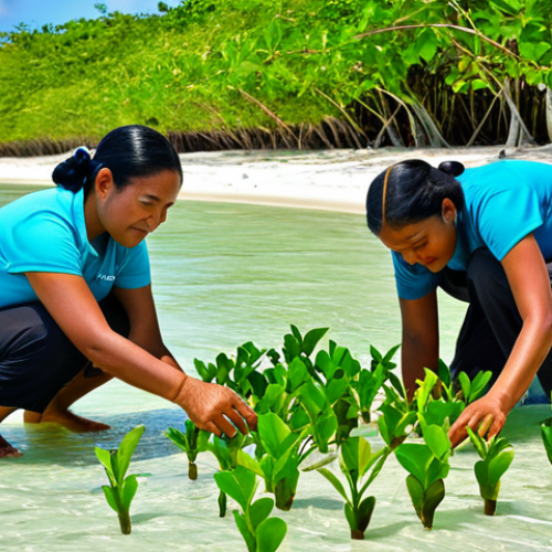 Home 26 Mangrove Restoration**
"Tongan villagers planting mangrove seedlings along a tropical coastline, fully clothed, appropriate attire, safe for work, community effort, clear turquoise water, lush green foliage, perfect anatomy, correct proportions, natural pose, realistic photography, bright sunny day, family-friendly environment, sustainable future, environmental conservation."
**
