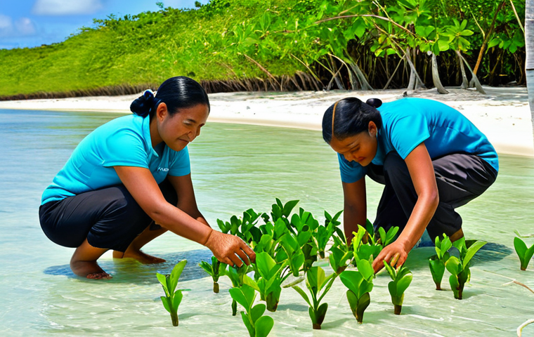 Mangrove Restoration**
"Tongan villagers planting mangrove seedlings along a tropical coastline, fully clothed, appropriate attire, safe for work, community effort, clear turquoise water, lush green foliage, perfect anatomy, correct proportions, natural pose, realistic photography, bright sunny day, family-friendly environment, sustainable future, environmental conservation."
**