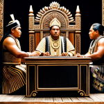 Historical Power Struggle**

"A dramatic scene depicting a Tongan royal court, with figures in traditional, fully clothed attire engaged in a tense discussion. Ornate carvings and decorations adorn the setting. Safe for work, appropriate content, professional, perfect anatomy, correct proportions, well-formed hands, modest clothing, family-friendly."

**