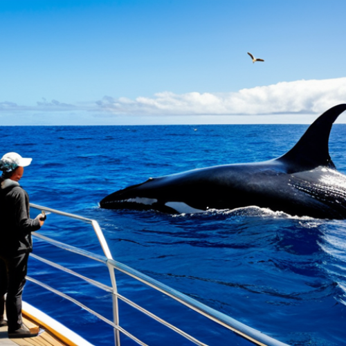 Home 14 Whale Encounter**
"A fully clothed tourist on a whale watching tour in Tonga, observing a majestic humpback whale and its calf swimming in the clear blue ocean, safe for work, appropriate content, perfect anatomy, natural proportions, professional wildlife photography, daytime, bright lighting, family-friendly."
**