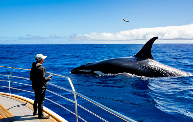 Whale Encounter**
"A fully clothed tourist on a whale watching tour in Tonga, observing a majestic humpback whale and its calf swimming in the clear blue ocean, safe for work, appropriate content, perfect anatomy, natural proportions, professional wildlife photography, daytime, bright lighting, family-friendly."
**